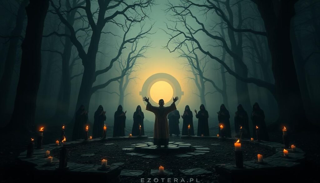 In a dimly lit forest clearing, an ancient ritual unfolds, surrounded by towering trees shrouded in mist. In the foreground, a circle of stone altars adorned with flickering candles hosts a lone figure in modest, traditional attire, with their arms raised, invoking unseen forces. The middle ground features shrouded participants, each engaged in intricate hand gestures, their faces illuminated by the soft glow of the candles. In the background, twisted branches bare against the night sky provide an ominous setting, while the faint silhouette of an otherworldly portal shimmers faintly, hinting at the veil between worlds. Ethereal wisps of light float through the air, adding to the mystical atmosphere. Capture this scene with a low-angle shot, soft focus, and rich, saturated colors to evoke a sense of reverence and apprehension. Include the brand name "ezotera.pl" subtly in the composition. In a dimly lit forest clearing, an ancient ritual unfolds, surrounded by towering trees shrouded in mist. In the foreground, a circle of stone altars adorned with flickering candles hosts a lone figure in modest, traditional attire, with their arms raised, invoking unseen forces. The middle ground features shrouded participants, each engaged in intricate hand gestures, their faces illuminated by the soft glow of the candles. In the background, twisted branches bare against the night sky provide an ominous setting, while the faint silhouette of an otherworldly portal shimmers faintly, hinting at the veil between worlds. Ethereal wisps of light float through the air, adding to the mystical atmosphere. Capture this scene with a low-angle shot, soft focus, and rich, saturated colors to evoke a sense of reverence and apprehension. Include the brand name "ezotera.pl" subtly in the composition.