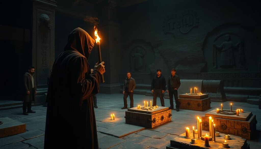 In a dimly lit, mysterious ancient temple, a clandestine gathering takes place. In the foreground, a hooded figure in a dark robe stands, holding a flickering torch that casts eerie shadows. Surrounding the figure are several others, dressed in modest casual clothing, their faces obscured but focused, creating an aura of secrecy. The middle ground features ancient stone altars adorned with cryptic symbols and offerings, while flickering candles create a warm glow amidst the cool stone. In the background, towering stone walls are etched with faded carvings of ancient rituals, hinting at forgotten secrets. The atmosphere is tense and enigmatic, with an overarching theme of mystique and intrigue. Capture this scene in a cinematic angle, emphasizing the play of light and shadows to evoke a deep sense of ancient eerie allure. Include the brand name "ezotera.pl".