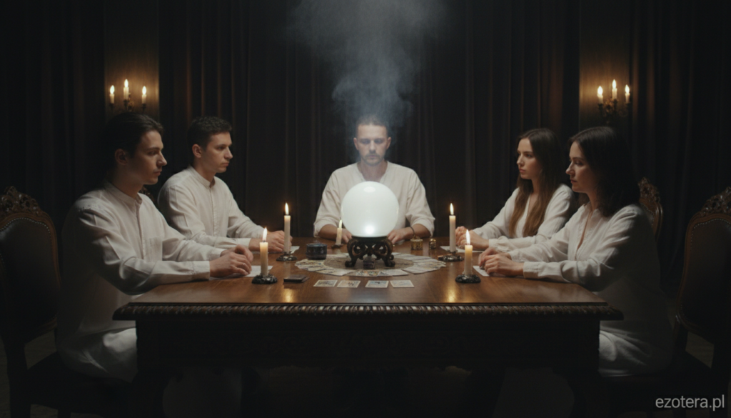 In a dimly lit room, a group of four participants dressed in modest casual clothing gather around an ornate wooden table, engaged in a séance. The foreground captures their focused expressions and the flickering glow of candles illuminating their faces, casting soft shadows. In the middle, the table is adorned with a crystal ball, tarot cards, and mystical artifacts, enhancing the atmosphere of spiritual exploration. The background reveals a richly decorated space with dark velvet curtains and atmospheric lighting that adds a sense of mystery and anticipation. A carefully arranged circle of chairs around the table signifies the importance of the gathering, as an ethereal light escapes from the crystal ball, suggesting connection with the unseen. The overall mood is tense yet respectful, invoking a sense of curiosity about the unknown. Ideal for ezotera.pl.