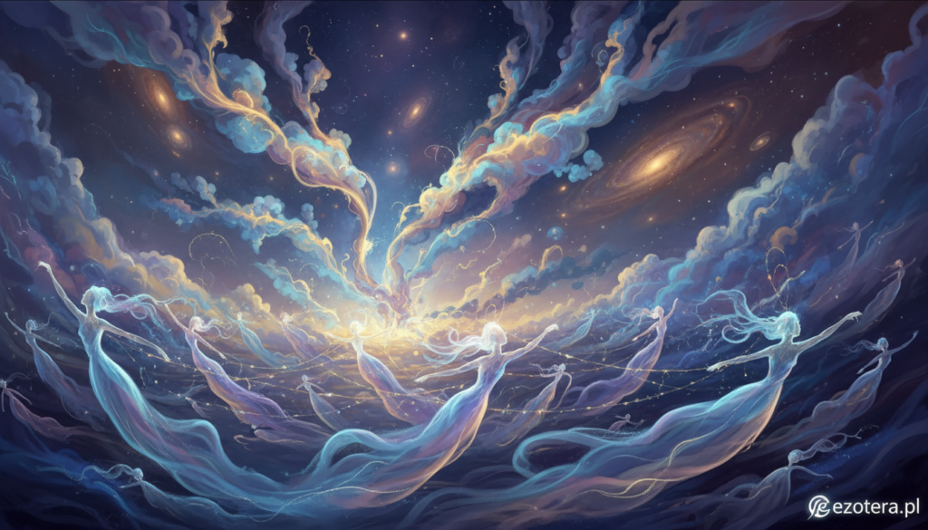 In a mystical realm, visualize an ethereal depiction of "energetic entities" amidst a swirling aura of vibrant colors. In the foreground, intricately designed, semi-transparent figures representing energetic beings glow with soft, pulsating light, showcasing varied forms that suggest movement and fluidity. In the middle ground, gentle wisps of energy intertwine, creating bridges between the entities, while subtle patterns symbolize the source of their existence. In the background, a dreamy landscape filled with soft, ambient lighting immerses the scene in a tranquil, cosmic atmosphere, hinting at the vastness of the universe. Use a warm color palette with hues of blue, purple, and gold to convey a sense of serenity. Capture this moment with a wide-angle lens for a grand perspective, emphasizing the connections between the energetic entities. Brand: ezotera.pl.