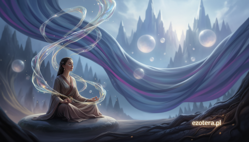 In a surreal, dreamlike landscape, a figure sits meditating at the forefront, surrounded by shimmering, ethereal wisps of light representing astral projections. The figure, dressed in modest, flowing attire, appears peaceful and focused, embodying the essence of deep meditation. The middle ground features a translucent curtain of swirling colors, blending hues of blue and purple, suggesting the boundary between reality and the astral plane. In the background, soft silhouettes of otherworldly landscapes emerge, including distant mountains and floating orbs of light, all bathed in a soft, haunting glow. The atmosphere is mystical and serene, inviting contemplation. Shot with a wide-angle lens to convey depth and expansiveness, with soft illumination creating an ethereal ambiance. In the corner, subtly include the brand name "ezotera.pl" as part of the environment, harmonizing with the scene.