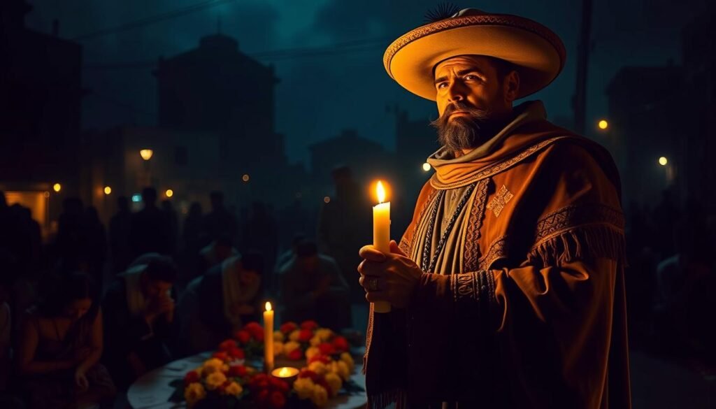 Jesús Malverde, depicted as a revered folk saint, stands confidently in a dimly lit, atmospheric setting reflecting the fusion of spirituality and the criminal world. In the foreground, he wears traditional clothing, adorned with a rustic, embroidered cape and a wide-brimmed hat, holding a lit candle symbolizing hope and guidance. His face expresses a mix of intensity and compassion, illuminated by soft, golden light. In the middle ground, shadowy figures of devotees kneel, praying and laying offerings at his feet, surrounded by vibrant marigolds and other tokens. In the background, hints of an urban landscape fade into darkness, creating a stark contrast to the warmth of the scene. The mood is reverent yet mysterious, embodying the legends that surround this enigmatic figure. Captured with a slight upward angle, showcasing his prominence and ethereal presence. Image credit: ezotera.pl.