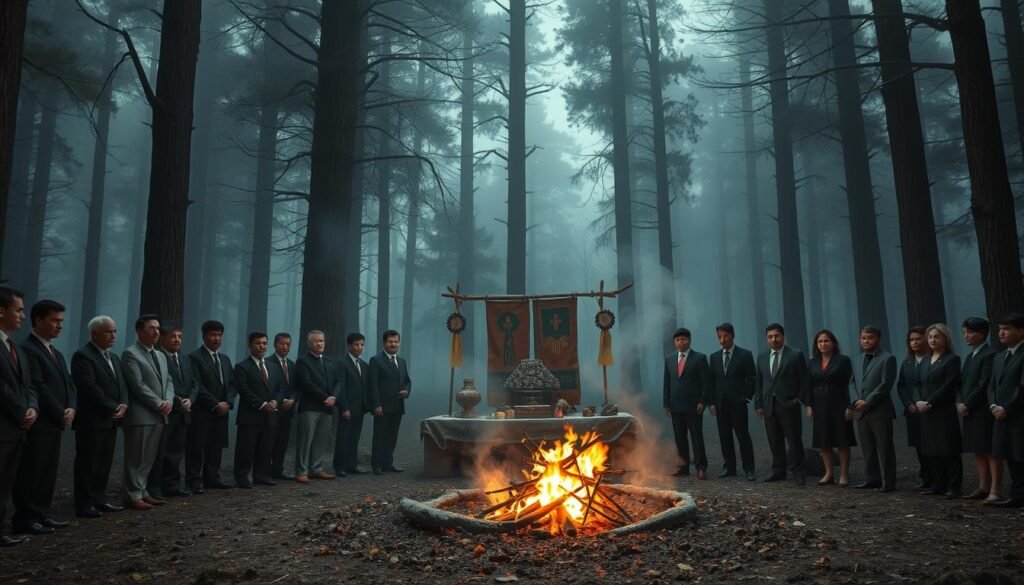 Rituals at the brink of statehood, depicting a solemn and eerie scene set in an ancient forest clearing. In the foreground, a diverse group of solemn figures in professional business attire gathers around a central ceremonial fire, their expressions reflecting a mixture of reverence and apprehension. In the middle ground, a crudely decorated altar made of branches and stones holds symbolic offerings, shrouded in mist and illuminated by the flickering firelight. The background reveals towering, shadowy trees enveloped in low-hanging fog, creating a sense of mystery and foreboding. The atmosphere is tense and haunting, with a cool color palette contrasted by the warm glow of the flames, invoking a sense of ancient tradition and the weight of history. ezotera.pl