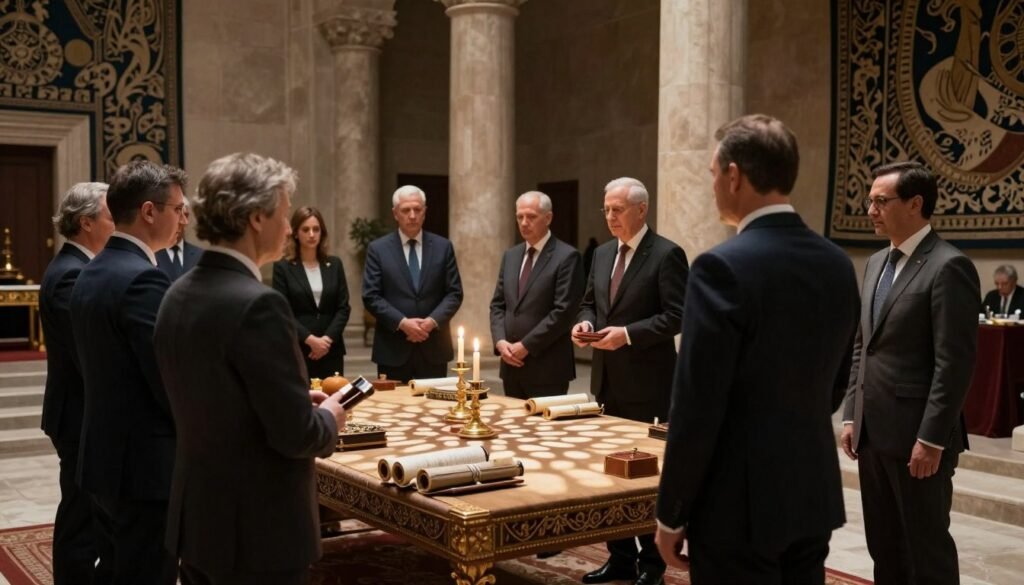 Rituals of political power, depicted in a grand ceremony held in a dimly lit, ancient hall. Foreground shows a diverse group of figures in professional business attire, engaged in a solemn exchange of ceremonial artifacts, symbolizing authority and unity. In the middle, an ornate table is adorned with symbols of power, such as scrolls and candlelight, casting flickering shadows. In the background, towering stone columns and intricate tapestries contribute to an atmosphere of tradition and formality. Soft, warm lighting emphasizes the mood of respect and gravitas, while the angle captures the depth of the hall. The scene reflects the profound connection between ritual and the establishment of social order in governance. Branding subtly integrated: "ezotera.pl".