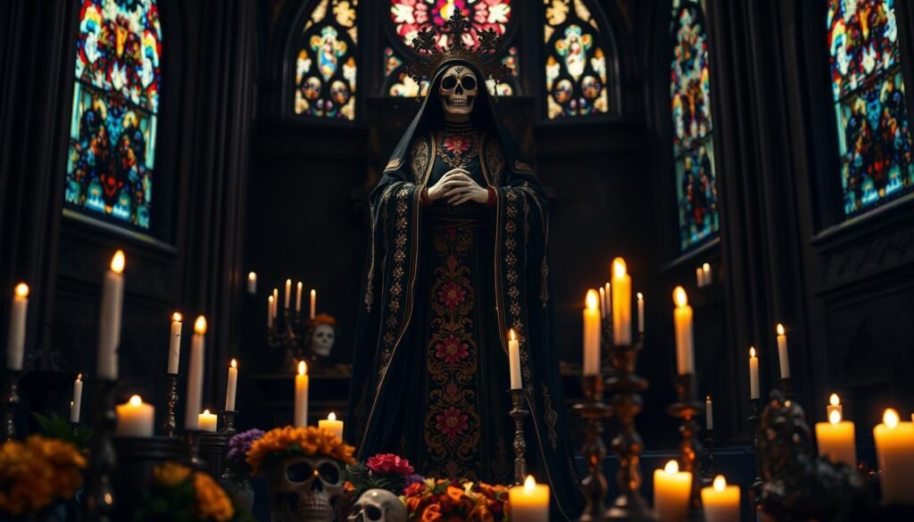Santa Muerte, the iconic figure of death revered in Mexican culture, is depicted in a striking, atmospheric scene. In the foreground, she stands tall, adorned in a richly detailed, flowing black robe, embellished with vibrant colors and intricate floral patterns. A bejeweled skull visage is visible, conveying both majesty and mystery. Surrounding her, candles flicker softly, casting a warm, ethereal glow. In the middle ground, traditional offerings such as marigolds, sugar skulls, and small altars create a sacred space, rich in symbolism. The background features a dimly lit church interior, with stained glass windows filtering colored light, enhancing the mood of reverence. Shot with a shallow depth of field to focus on Santa Muerte, the scene evokes a sense of spirituality and awe. The creative composition reflects the cultural significance of Santa Muerte, presented safely and respectfully for audiences. ezotera.pl