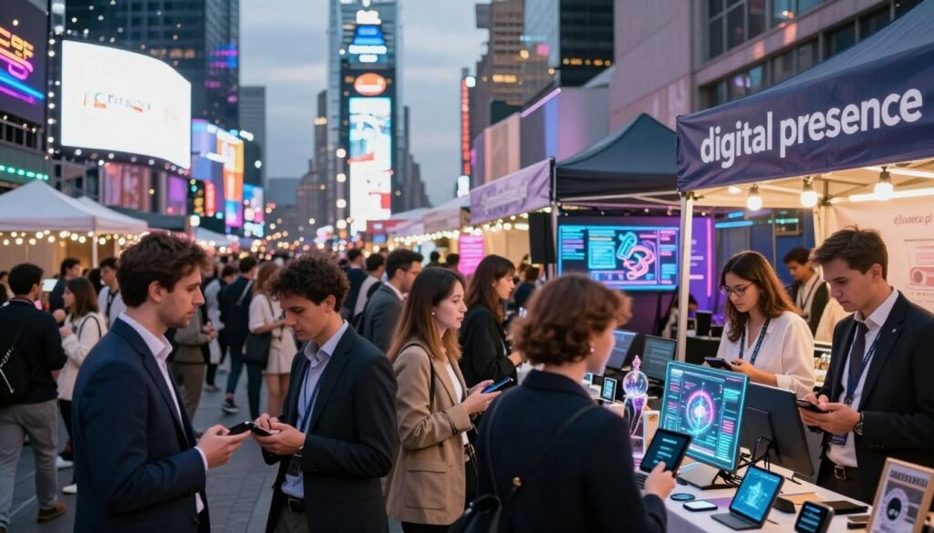 A bustling marketplace scene that visually embodies the concept of "digital presence" as a cultural phenomenon, with a focus on cult-like gatherings showcasing promise of power and immortality. In the foreground, groups of diverse individuals in professional business attire engage in discussions and demonstrations of technology. In the middle ground, vibrant stalls display digital devices, holographic advertisements, and symbolically charged artifacts representing enlightenment and empowerment. The background features an urban skyline with glowing billboards and ethereal lights, enhancing the futuristic vibe. The lighting is soft yet colorful, creating an inviting atmosphere, while a low-angle perspective captures the dynamism of interaction. The brand name "ezotera.pl" subtly integrated into the market scene, emphasizing the commercial aspect of these cult-like movements.