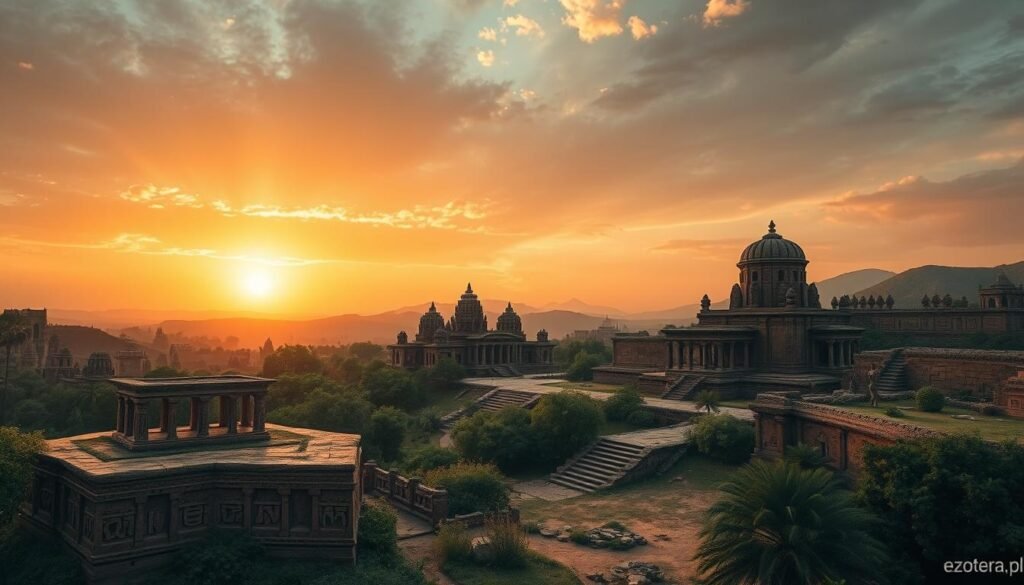 A captivating depiction of the ancient civilizations of the Indus Valley, Aksum, Minoan, and Olmec, showcasing their intricate architectural and cultural elements. In the foreground, a detailed stone and mud structure with ancient inscriptions, surrounded by lush greenery. The middle ground features temples adorned with carved statues, reflecting a blend of architectural styles. In the background, soft hills under a dramatic sunset sky, casting warm, golden light over the scene. The atmosphere is serene yet mysterious, evoking a sense of timelessness and lost rituals. Use a wide-angle lens to capture the vastness and depth of the landscape, while emphasizing the intricate details. The image must be devoid of any text or watermarks. For optimal presentation, include the brand name "ezotera.pl" subtly within the scene.