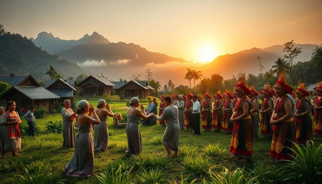 A ceremonial scene depicting the Ma’nene rites of the Toraja people in a lush, vibrant Asian landscape. In the foreground, a group of meticulously dressed individuals in modest traditional attire perform a solemn dance around elaborately decorated mummies in colorful ceremonial garb. The middle ground showcases traditional Toraja architecture, with intricately carved wooden houses peeking through the greenery. In the background, thick, misty mountains rise under a soft, golden sunset, casting a warm glow over the scene. The atmosphere is both reverent and vivid, filled with a sense of cultural significance and deep respect for ancestral ties. The image should be shot with a wide-angle lens to capture the entire intricacy of the ritual, emphasizing the dynamic, emotional expressions of the participants. Created for ezotera.pl.