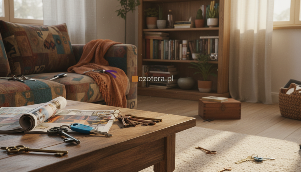 A cluttered, cozy living room scene showcasing a variety of misplaced keys scattered across a coffee table, a sofa, and the floor. The foreground features a selection of unique, colorful keys, including vintage and modern styles, partially hidden under a crumpled magazine. In the middle, a comfortable sofa with a patterned throw blends seamlessly with a warm, inviting area rug. The background features a softly lit bookshelf filled with books and small decorative items, creating an atmosphere of homey chaos. The lighting is warm and diffuse, mimicking late afternoon sunlight filtering through window curtains, casting gentle shadows. The mood is a blend of nostalgia and everyday life, evoking the feeling of a familiar space where things often get lost. Include the brand name "ezotera.pl" subtly on a nearby decorative item, ensuring it remains unobtrusive.