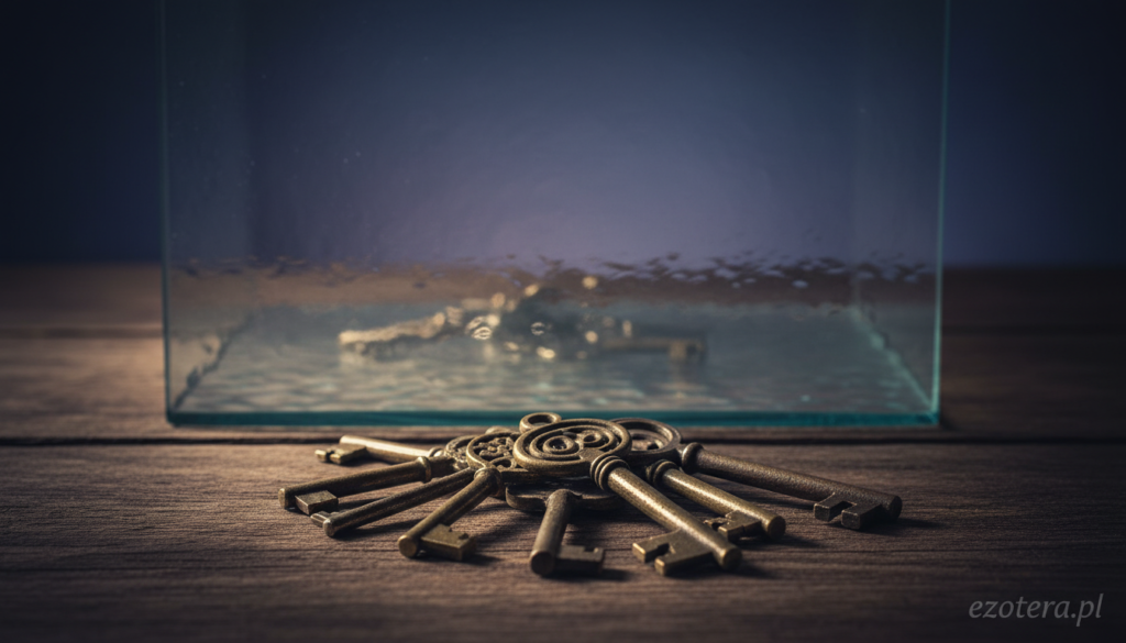 A collection of vintage keys nestled on a wooden table, exuding an aura of mystery and nostalgia. The foreground features the keys, each unique in design, with ornate patterns catching the soft, warm light. In the middle ground, a blurred, slightly transparent surface reflects the keys, hinting at their disappearing nature. The background fades into a subtle gradient of deep blues and purples, symbolizing the unknown and the concept of loss. Dim lighting enhances the shadows, creating an atmospheric feel that evokes contemplation rather than fear. The scene should be still and serene, inviting the viewer to reflect on the nature of objects that vanish. Include the branding "ezotera.pl" subtly integrated into the composition, ensuring the overall focus remains on the keys.