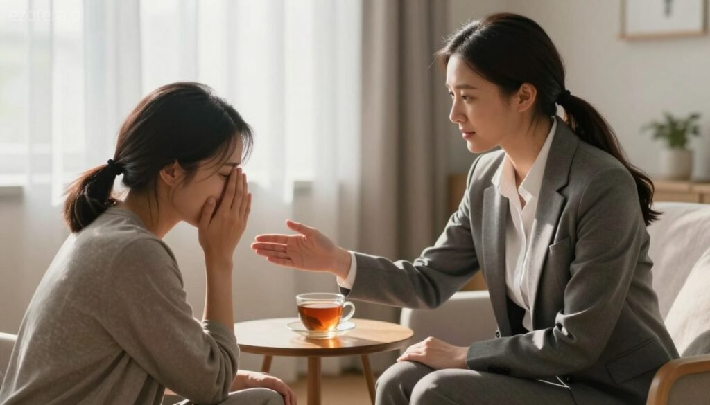 A compassionate scene depicting a serene, sunlit room where a concerned friend offers support to an individual vulnerable to a cult's influence. In the foreground, the friend, dressed in professional attire, has an empathetic expression, gently reaching out to the individual, who looks distressed yet open to conversation. In the middle ground, there is a small table with a comforting cup of tea, symbolizing warmth and safety. In the background, soft light filters through sheer curtains, casting peaceful shadows. The atmosphere is one of hope and understanding, suggesting a safe space for dialogue and healing. The image should convey the importance of friendship and support in difficult situations, and it reflects the theme of guidance in a crisis. The brand name "ezotera.pl" should be subtly integrated into the design, ensuring a harmonious blend with the overall composition.