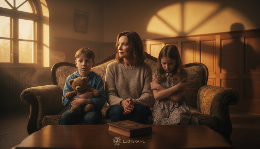 A concerned adult is sitting with a pair of children, both appearing troubled, in a warmly lit room. One child has wide, fearful eyes, while the other looks withdrawn and hesitant, dressed in modest, casual clothing. In the background, faint shadows and light patterns create an atmosphere of unease, symbolizing the thin line between psychological struggles and supernatural beliefs. The adult’s expression is empathetic, conveying a sense of support and understanding. Soft golden light filters through a nearby window, enhancing the intimate and contemplative mood of the scene. The overall composition should draw viewers into the emotional complexity of the moment. This image is intended for "ezotera.pl".