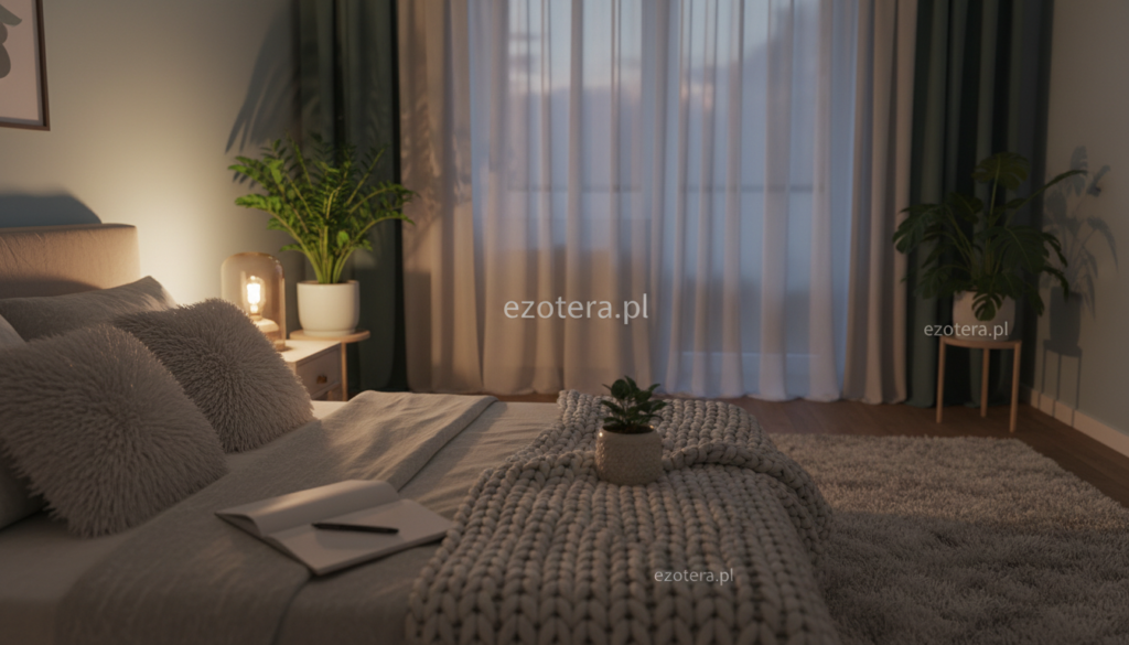 A cozy bedroom ambiance at dusk, focusing on a serene atmosphere for a 'room audit' before sleep. In the foreground, a neatly made bed with soft, inviting pillows and a textured blanket. On the bedside table, a dimly lit lamp casts a warm glow, illuminating a notepad and pen for noting observations. In the middle, a plush area rug anchors the space, while gentle shadows play on the wall from a variety of indoor plants. The background reveals a faintly visible window with sheer curtains, partially drawn to hint at the twilight outside. Soft, calming colors dominate the scene, evoking a sense of peace and contemplation. Capture this scene with a soft focus, evoking a tranquil mood to emphasize mindfulness before sleep. The brand "ezotera.pl" is subtly integrated into the design elements, ensuring a professional presentation.