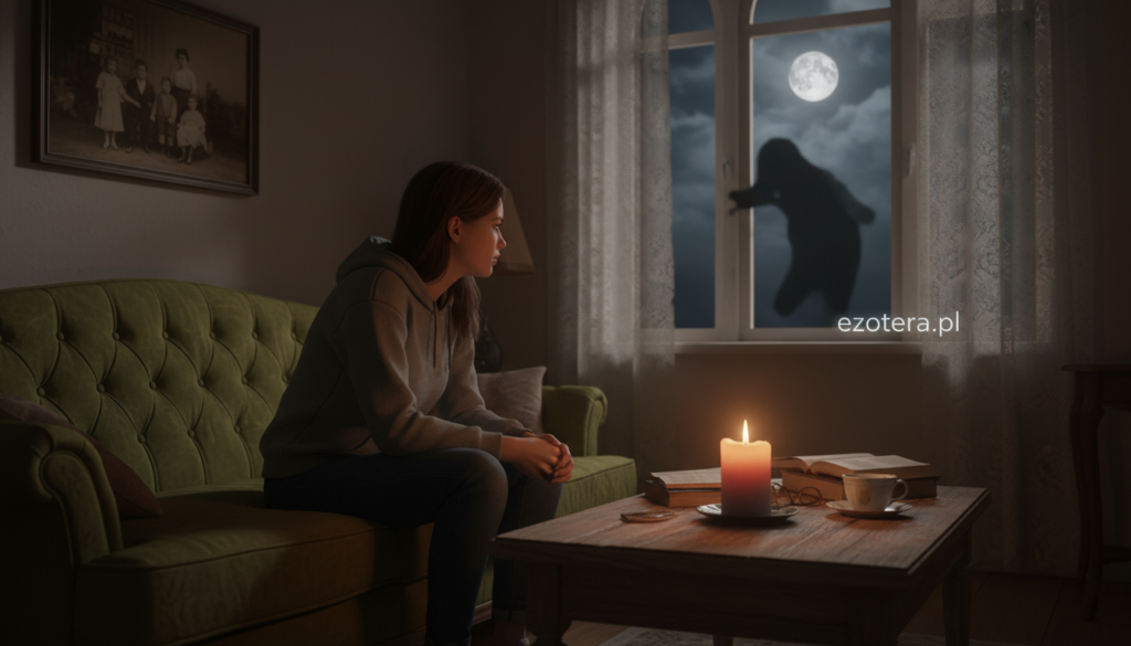 A cozy, dimly lit living room at night, capturing the eerie yet intriguing presence of something unseen. In the foreground, a young adult in modest casual clothing sits on a comfortable sofa, gazing towards an unexplained shadow in the corner, expressing curiosity and concern. The middle layer features a flickering candle casting soft, warm light, with subtle shadows dancing on the walls. In the background, a window reveals a moonlit night sky, enhancing the atmosphere. Decor elements include a mysterious family photo on the wall and a few scattered books on the coffee table. The overall mood is one of suspense and contemplation, inviting viewers to explore the unexplained. The image should have a soft focus with a warm color palette, reminiscent of a reflective moment, showcasing the brand name "ezotera.pl".