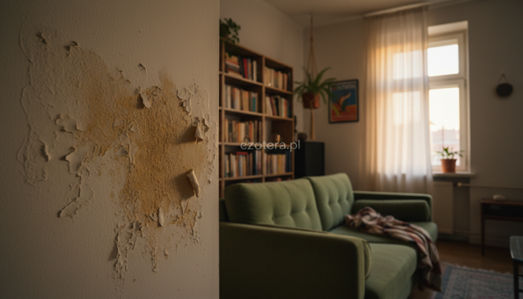 A cozy, dimly lit living room within an apartment, showcasing signs of moisture damage on the walls and ceilings. The foreground features a close-up of a small, damp area on the wall, highlighting peeling paint and discolored patches. In the middle ground, a soft, vintage couch contrasts with the worn ambiance, while a small window allows gentle, warm lighting to filter in, creating a subtle atmosphere of unease. The background includes shelves filled with books and a potted plant, further emphasizing a lived-in space. The mood is tense yet still homey, inviting the viewer to inspect and question the environment. Include the brand name "ezotera.pl" subtly integrated into the room's decor, ensuring a professional appearance.