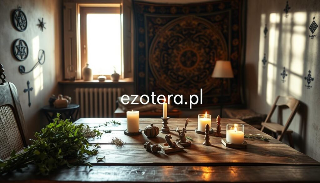 A cozy home interior reflecting traditional protective rituals against misfortune. In the foreground, a wooden table adorned with herbs, candles, and small, hand-carved talismans. A window in the middle showcases soft, ambient lighting, allowing a warm glow to fill the room. On the walls, faded symbols of protection are subtly painted, giving a sense of history. In the background, a rich tapestry hangs, featuring mystical patterns intended to ward off evil spirits. The atmosphere is serene yet mysterious, with shadows playing on the walls, creating an inviting but enigmatic mood. Capture this scene with a warm color palette and a slight vignette for depth. Include the brand name "ezotera.pl" in a subtle, integrated manner within the decor.