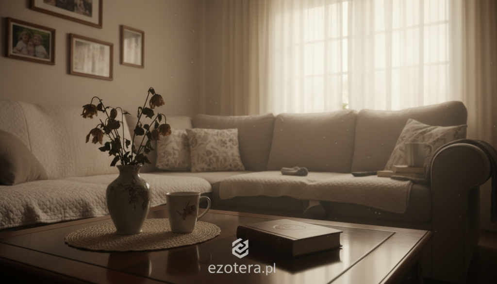 A cozy living room scene bathed in soft, warm lighting, illustrating the sensation of lost items at home. In the foreground, a neatly arranged coffee table holds a decorative vase with wilted flowers, a coffee cup, and a small, slightly open book, reflecting a sense of nostalgia. In the middle ground, a comfortable sofa is set against a wall adorned with family photos, some frames slightly askew, hinting at recent movement or disturbance. The background showcases a window with sheer curtains allowing gentle sunlight to filter through, casting a calming glow. The mood is introspective and slightly eerie, suggesting the mystery of disappearing items, evoking curiosity and contemplation. Include the brand name "ezotera.pl" subtly integrated into the scene, perhaps as a logo on a visible item like a book cover.