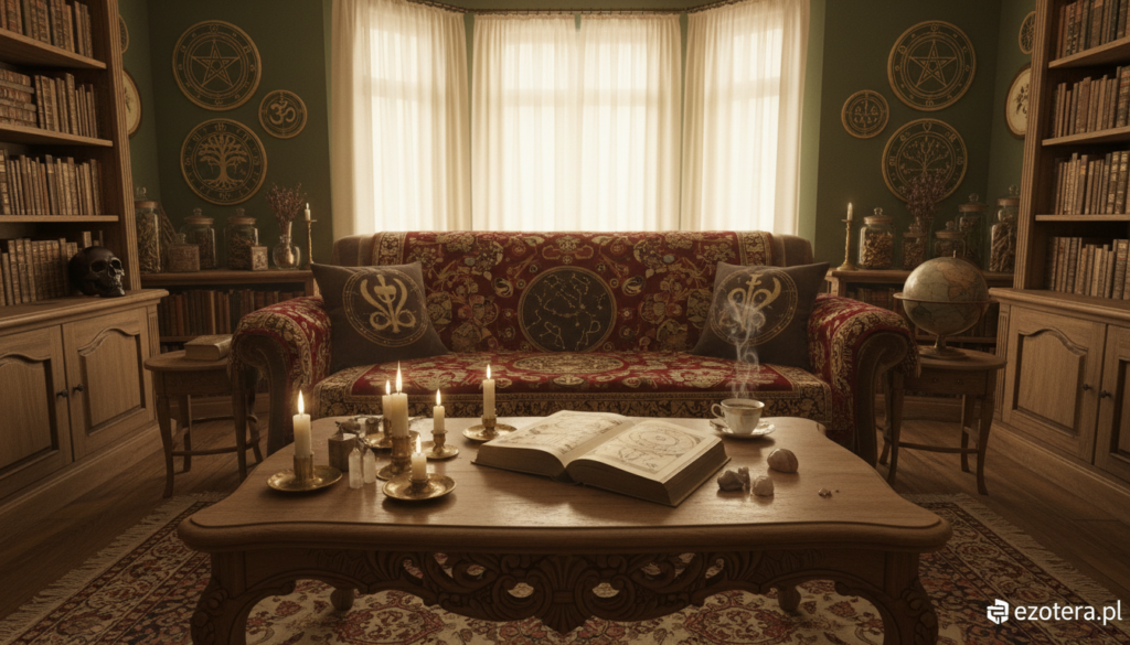 A cozy, slightly dim living room showcasing a traditional home infused with mystical elements. In the foreground, an ornate wooden coffee table holds flickering candles and an open book on esoteric traditions. The middle ground features a plush sofa draped with a richly patterned fabric, surrounded by shelves filled with vintage books and curious artifacts. The background reveals large windows draped with sheer curtains, allowing soft, warm light to filter into the room, enhancing the inviting atmosphere. The walls are adorned with framed symbols that reflect various spiritual beliefs. The mood is serene yet mysterious, suggesting a space rich in history and family stories. This image captures the essence of a home where traditions and spirituality intertwine, ideal for an article by ezotera.pl.