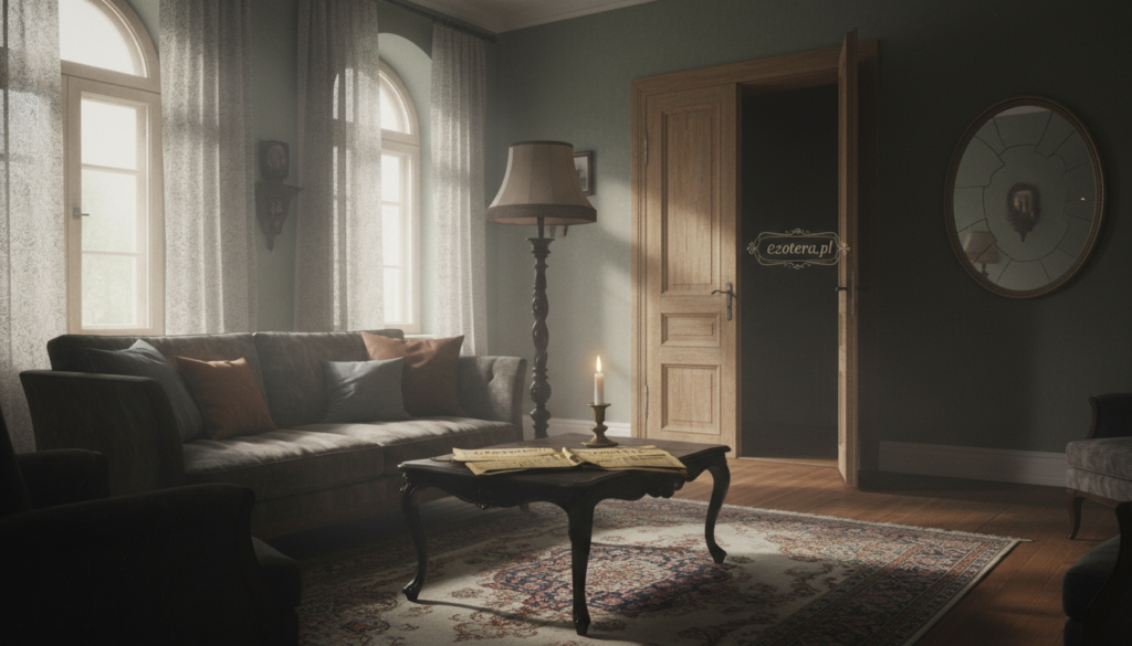 A cozy, slightly eerie apartment interior, reflecting a haunted theme. The foreground features an elegantly furnished living room with a plush sofa, dimly lit by a carved wooden lamp casting soft shadows. In the middle, a vintage coffee table houses scattered old newspapers and a flickering candle, enhancing the suspenseful atmosphere. The background shows a slightly ajar door leading to a shadowy hallway, hinting at mystery, with a cracked mirror reflecting faint outlines. Soft, natural light filters through dusty curtains, creating an ambiance that feels both inviting and unsettling. The mood suggests caution and intrigue, suitable for potential renters. The setting should be devoid of human figures, maintaining a focus on the apartment's haunting charm. The image must embody the concept of context and safety while promoting the essence of "ezotera.pl".