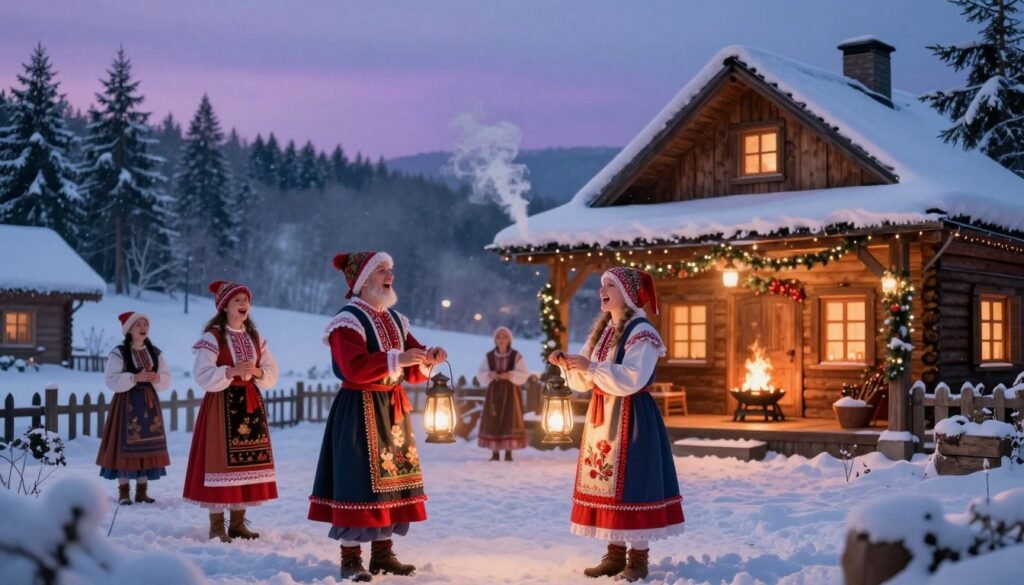 A cozy winter scene depicting "Święta Św. Szczepan" with joyful kolędnicy (carolers) visiting a charming countryside home. In the foreground, two kolędnicy wearing colorful traditional winter attire are singing joyfully while holding lanterns. Their expressions radiate happiness and warmth. The middle ground features a quaint wooden house adorned with festive decorations, with smoke gently rising from the chimney, hinting at a warm fire inside. In the background, a serene snowy landscape with pine trees under a soft twilight sky, kissed with shades of blue and purple. The scene is illuminated by soft, warm light emanating from the house windows, creating a magical atmosphere. This image should evoke feelings of nostalgia and warmth, perfect for the theme of bringing happiness into homes. ezotera.pl