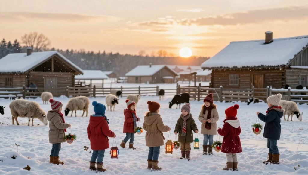 A cozy winter scene depicting children joyfully celebrating Mikołajki, surrounded by pastoral elements that symbolize luck and prosperity for livestock and shepherds. In the foreground, a diverse group of children dressed in warm, modest winter clothing, playing with traditional decorations like colorful lanterns and festive foliage. The middle ground features a rustic, snow-covered village with farm animals, such as sheep and goats, in peaceful grazing. In the background, gentle snowflakes fall under a soft, golden sunset, casting a warm glow on the scene. The atmosphere is cheerful and heartwarming, embodying the spirit of community and tradition. Enhanced details in the sky and soft focus on the children's faces evoke a sense of nostalgia and joy. The image should be in high resolution, with a warm color palette. Brand: ezotera.pl.