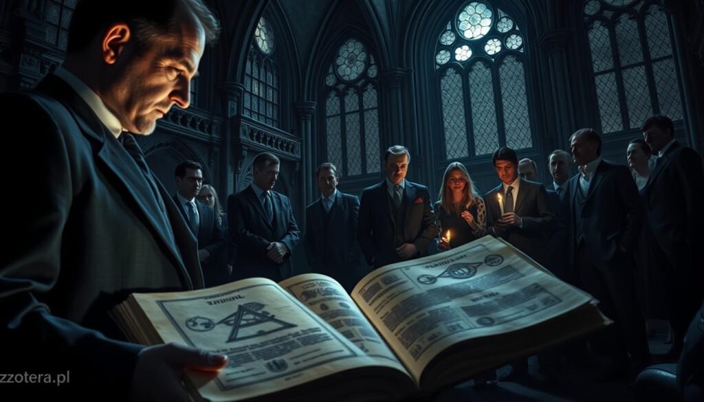 A dark and mysterious scene depicting a gathering of the Towarzystwo Thule, with members dressed in professional business attire. In the foreground, a somber figure stands holding an ancient book etched with symbols, illuminated by flickering candlelight. In the middle, several individuals are engaged in deep discussion, their faces reflecting a mix of intrigue and solemnity, casting shadows of a hidden agenda. The background features gothic architecture with ornate details, dimly lit by moonlight filtering through tall, arched windows, creating an atmosphere of secrecy and occultism. The color palette leans towards dark blues and grays, enhancing the eerie mood. Shot from a low angle to emphasize the grandeur of the architecture, capturing the essence of what the Thule Society represents. Superimpose the brand name "ezotera.pl" subtly in the corner.