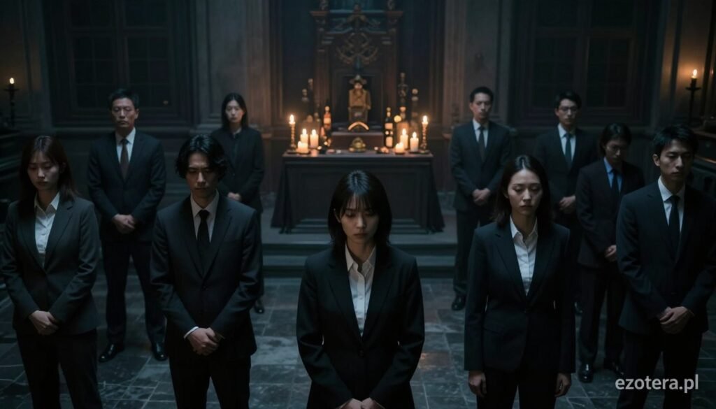 A dark, atmospheric depiction of the Aum Shinrikyo sect, focusing on a mysterious and unsettling gathering in an urban setting. In the foreground, a small group of individuals dressed in professional business attire, their expressions somber and introspective, stand in a semi-circle. In the middle ground, an altar with candles and symbolic artifacts representative of the cult, casting flickering shadows. The background features dimly lit urban architecture, hinting at a tense atmosphere. Soft, ambient lighting creates a sense of mystery and foreboding, while a wide-angle lens captures the entirety of the scene. The overall mood is eerie and reflective, immersing viewers in the complex relationship between mysticism and violence. Branding subtle and integrated: "ezotera.pl".