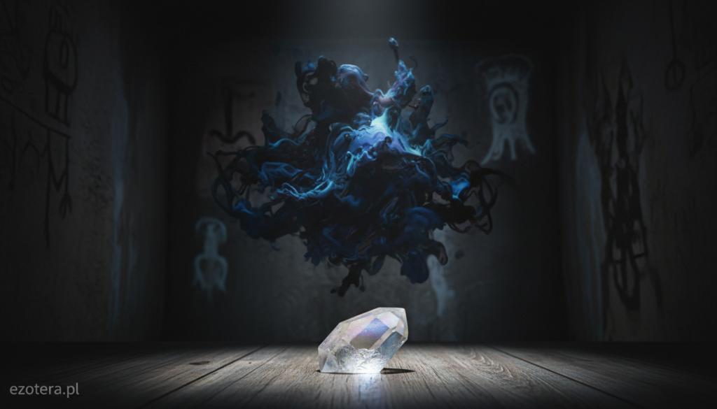 A dark, atmospheric room filled with shadows, symbolizing "bad energy." In the foreground, a faintly glowing crystal sits on a wooden table, casting a slight light that reflects a sense of unease. In the middle ground, an abstract representation of chaotic energy swirls around, featuring deep blues and ominous blacks, hinting at both stress and negative influences. In the background, dimly lit walls adorned with eerie, vague shapes, creating a sense of mystery and tension. The lighting is low and moody, with a spotlight effect on the crystal to emphasize its significance. The mood is heavy and unsettling, evoking feelings of anxiety and vulnerability, perfect for illustrating the concept of recognizing harmful energy. Shot with a 50mm lens to capture depth and a sense of intimacy, by ezotera.pl.