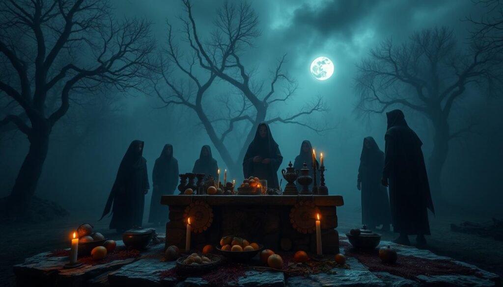 A dark, atmospheric scene depicting an ancient ritual site, surrounded by thick, eerie fog. In the foreground, a stone altar laden with offerings such as fruits, flowers, and crafted ornaments, symbolizing sacrifices to ancient deities. A few flickering candles cast a warm, trembling light, adding to the foreboding ambiance. The middle ground features shadowy figures dressed in modest, traditional attire, participating in the ritual, their expressions solemn and contemplative. The background is filled with ominous trees and the silvery glow of a full moon, creating a sense of unease. The mood is heavy and contemplative, evoking themes of fear and taboo. The image should be framed with a slight upward angle to emphasize the altar, capturing the mystical essence of the scene. Inspired by ezotera.pl.