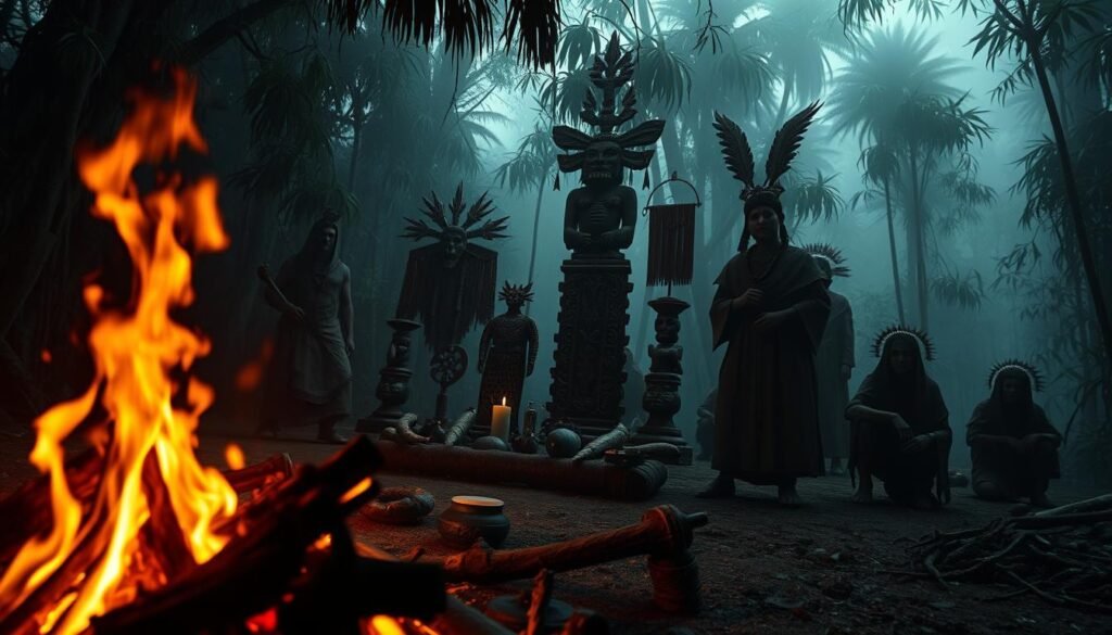 A dark, atmospheric scene depicting ancient rituals involving cannibalism, showcasing a group of individuals dressed in modest, traditional attire to maintain a respectful representation. In the foreground, a ceremonial fire crackles, casting flickering shadows on the participants' expressions of somber reverence. In the middle ground, intricate totems and sacrificial artifacts surrounded by offerings create an ominous yet intriguing focal point. The background reveals a dense, eerie jungle shrouded in mist, enhancing the sense of mystery and danger. The lighting is low and atmospheric, with a warm glow from the fire contrasting against the cool, shadowy foliage. The mood is tense and forbidden, capturing the essence of extreme practices. Render in a style reminiscent of dark fantasy art, suitable for "ezotera.pl".