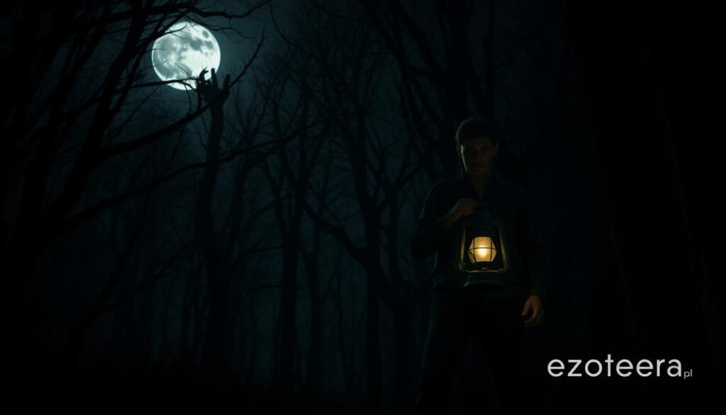 A dark, eerie forest at night, illuminated by a full moon casting soft silver light through the branches. In the foreground, a lone figure in modest casual clothing stands with a lantern, casting a warm glow that contrasts with the cool hues of the surrounding darkness. Their expression reflects a mix of curiosity and apprehension, embodying the theme of uncertainty. The middle ground features shadowy trees, their gnarled branches almost resembling reaching hands, creating a sense of confinement and mystery. The background fades into deeper shadows, enhancing the sense of the unknown. The atmosphere is thick with tension, evoking feelings of fear and trepidation surrounding nocturnal rituals. The image should be atmospheric and haunting, embodying the essence of "noc, cisza, niepewność." Include branding elements subtly if possible for "ezotera.pl."