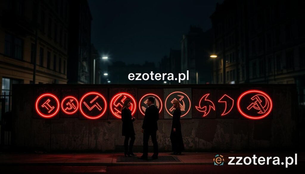 A dark, moody urban setting at night, illuminated by the faint glow of streetlights. In the foreground, a weathered wall displays various neonazist symbols in stark, vivid colors that contrast sharply against the gritty surface. The symbols are intricately detailed, showcasing their distinct styles while maintaining a sense of focus on their historical context. The middle ground features shadowy figures dressed in professional attire, engaged in conversation, adding an element of intrigue without drawing attention from the main subject. The background displays blurred outlines of urban architecture, shrouded in darkness to enhance the feeling of mystery and caution. The atmosphere is somber and thought-provoking, reflecting the complexity of the symbols depicted. High contrast lighting highlights the symbols' details, evoking a sense of urgency and seriousness. The brand name "ezotera.pl" subtly integrated into the background enhances the connection to the theme of symbols and cultural interpretations.