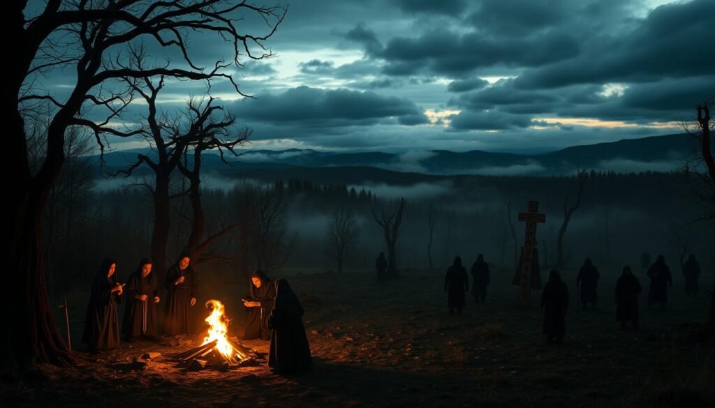 A dark, mystical Slavic landscape at twilight, featuring an ancient forest with twisted trees and dense fog rolling across the ground. In the foreground, a group of solemn figures in modest traditional Slavic attire gather around a flickering bonfire, their faces illuminated by the warm light. They are performing shadowy rituals, inscribed with symbols on wooden totems and holding ancient artifacts. The middle ground shows a clearing filled with shadowy silhouettes of otherworldly creatures, blending into the surroundings, enhancing the eerie atmosphere. The background includes distant hills under a stormy sky, casting an ominous mood. Soft, ethereal lighting gives the scene a surreal quality, reminiscent of ancient beliefs and ceremonies. Ideal composition for an article, ensuring no text, logos, or annotations appear. Image credit: ezotera.pl.