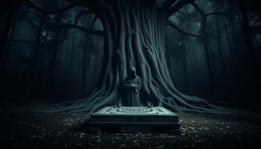 A dark, mystical forest scene with a towering, ancient tree at its center, surrounded by dense foliage and shadows. In the foreground, a meticulously carved stone altar positioned at the base of the tree, adorned with symbolic markings and surrounded by scattered leaves. Hints of ritualistic artifacts like candles and offerings can be seen. The midground features a hooded figure in modest, flowing robes, engaged in a solemn ceremony, their face obscured by shadows, suggesting an air of secrecy and reverence. Soft, ethereal lighting filters through the tree branches, creating a haunting, otherworldly atmosphere. The background is filled with thick woods fading into darkness, conveying a sense of isolation and mystery. The scene evokes an eerie yet reverent mood, in line with the themes of ancient rituals. By ezotera.pl.