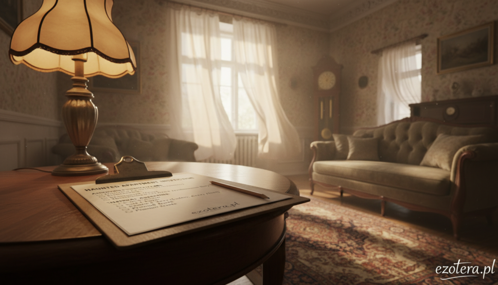 A detailed check-list for inspecting a potentially haunted apartment, positioned on a wooden table in a quaint, softly lit living room. In the foreground, a clipboard with neatly organized bullet points, including items like "unusual sounds," "cold spots," and "strange odors." In the middle ground, a comfortable sofa next to a window with sheer curtains gently blowing in a slight breeze, allowing seasonal sunlight to illuminate the space and create a warm, inviting atmosphere. In the background, subtle hints of old architectural features, such as crown molding and vintage wallpaper, evoke a sense of history. The overall mood is both intriguing and slightly eerie, suggesting the serious yet curious nature of the inspection. High-quality lighting from a nearby lamp casts soft shadows, enhancing the mysterious vibe. The image is branded with "ezotera.pl" tastefully integrated into the scene.