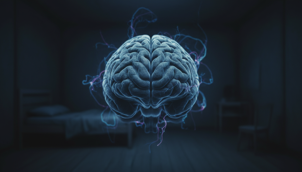 A detailed close-up of a human brain (mózg) set against a dark, moody background that hints at an unsettling atmosphere. The foreground features intricate textures of the brain, showcasing the neural connections and folds illuminated by soft, bluish light, emphasizing the complexity of thoughts and nightmares. In the middle ground, faint shadows of a dimly lit room with vague outlines of furniture can be seen, creating a sense of space and confinement. The background fades into near darkness, enhancing the focus on the brain while suggesting an ambiance of mystery and introspection. The image echoes themes of recurring nightmares, with subtle hints of energy patterns swirling around the brain. Generate with a professional, slightly dramatic perspective to evoke curiosity. No text or signatures. ezotera.pl