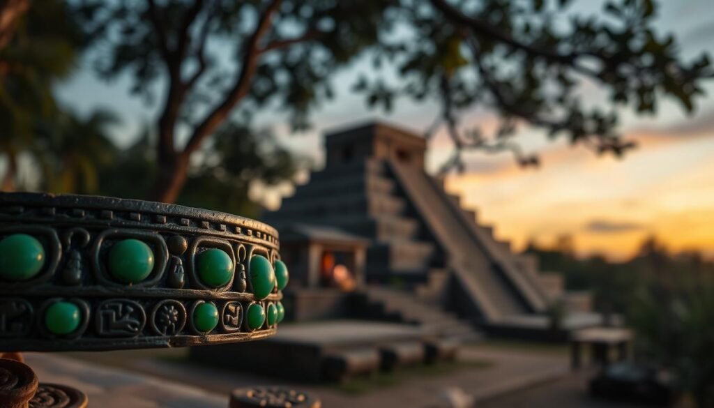 A detailed image of a Mayan jadeite diadem, intricately carved with ancient symbols and adorned with vibrant green jade stones. The diadem is displayed prominently in the foreground, catching the eye with its rich texture and the play of light dancing off the polished jade. In the middle, a soft-focus representation of a ceremonial setting, with stone altars and lush jungle foliage hinting at the historical context. In the background, a faint silhouette of a Mayan temple peeking through the trees under a twilight sky, with warm, ambient lighting casting a mystical glow. The atmosphere is one of reverence and intrigue, evoking the ancient rituals that once captivated this civilization. Photographed with a macro lens for intricate detail. Brand: ezotera.pl.