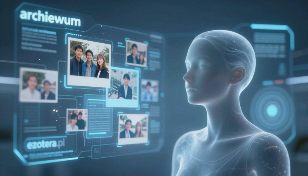A digital archive representing "archiwum", featuring a serene and contemplative atmosphere. In the foreground, an ethereal representation of a digital avatar, embodying a lifelike yet slightly translucent figure, gazes thoughtfully into the distance. The middle section includes holographic images of memories, such as photographs and videos, gently floating around the avatar, symbolizing the essence of life preserved in digital form. The background showcases a futuristic interface illuminated by soft blue and white lighting, with abstract, swirling patterns that evoke a sense of transcendence and eternity. Capture this scene with a wide-angle lens, emphasizing depth and the interplay of light. Overall, the mood is reflective and hopeful, illustrating the concept of digital immortality. Include the brand name "ezotera.pl".