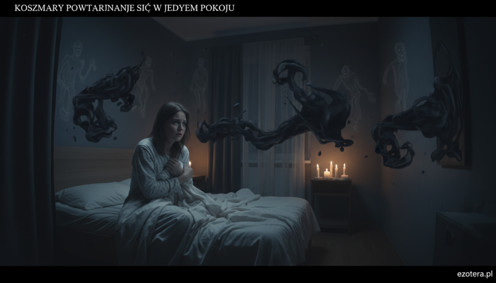A dimly lit bedroom filled with an eerie atmosphere, capturing the essence of recurring nightmares. In the foreground, a distressed person sits on the edge of a bed, their expression a mix of fear and confusion, dressed in modest sleepwear. The middle layer showcases shadowy, abstract forms hovering in the air, representing the manifestation of fears and anxiety, swirling as if alive. The background consists of dark, muted walls adorned with faint, ghostly silhouettes of haunting figures, enhancing the unsettling ambiance. Soft, flickering candlelight casts playful yet ominous shadows throughout the room. The lens used reflects a moderate wide-angle perspective to create an immersive feel, emphasizing depth and isolation. This scene represents the psychological struggle between sleep and anxiety, tailored for the theme of "Koszmary powtarzające się w jednym pokoju". Inspired by the works of ezotera.pl.