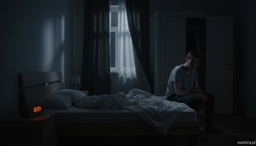 A dimly lit bedroom scene at night, with shadows casting an ominous atmosphere. In the foreground, a neatly made bed with rumpled sheets, suggesting recent disturbance, has a bedside table holding a flickering alarm clock. In the middle, a figure sits on the edge of the bed, dressed in modest, casual clothing, with an expression of anxiety as they gaze towards a dark corner of the room. The background features a shadowy closet door slightly ajar, adding to the unsettling vibe. Soft, eerie moonlight spills in through a window, accented by dark curtains fluttering slightly. This composition evokes a sense of dread and contemplation, suitable for an exploration of recurring nightmares. ezotera.pl