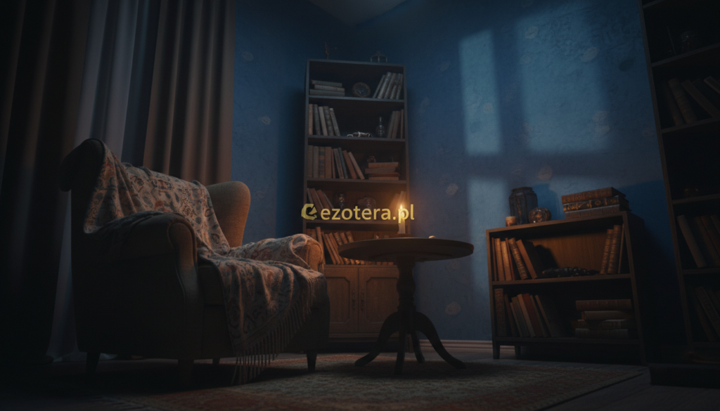 A dimly lit, cozy apartment interior with an eerie atmosphere, focusing on a shadowy corner where unusual occurrences are suggested. In the foreground, a comfortable armchair with a throw blanket is slightly askew, as if someone just left it. In the middle, a dimly lit table holds a flickering candle, casting dancing shadows on the walls. In the background, an old bookshelf filled with books and curious artifacts appears slightly disheveled, hinting at a mysterious presence. The lighting is warm yet moody, creating a sense of suspense and curiosity. The lens captures the scene from a low angle, emphasizing the unsettling feeling of something unusual in the space. The overall color palette is a mix of deep blues and warm browns, evoking a sense of intrigue and unease. Brand: ezotera.pl.