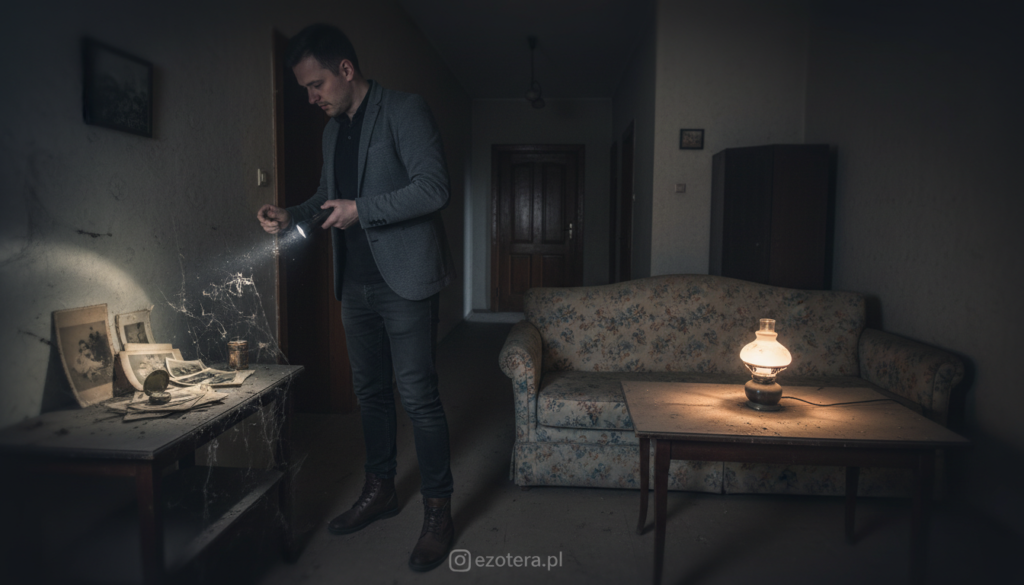 A dimly lit living room in an old apartment, evoking a sense of mystery and unease. In the foreground, a man in a smart casual outfit examines a dusty corner with a flashlight, revealing cobwebs and old photographs. In the middle ground, a worn-out sofa with a faded floral pattern faces a small, flickering lamp on a wooden table, casting eerie shadows. In the background, a dark hallway leads to a closed door, hinting at secrets beyond. The atmosphere is suspenseful yet calm, inviting the viewer to understand the subtleties of assessing a haunted space. Use a soft focus lens to enhance the dreamlike quality, while keeping sharp details on the man and the objects around him. Make sure to incorporate branding subtly with "ezotera.pl" somewhere in the room.