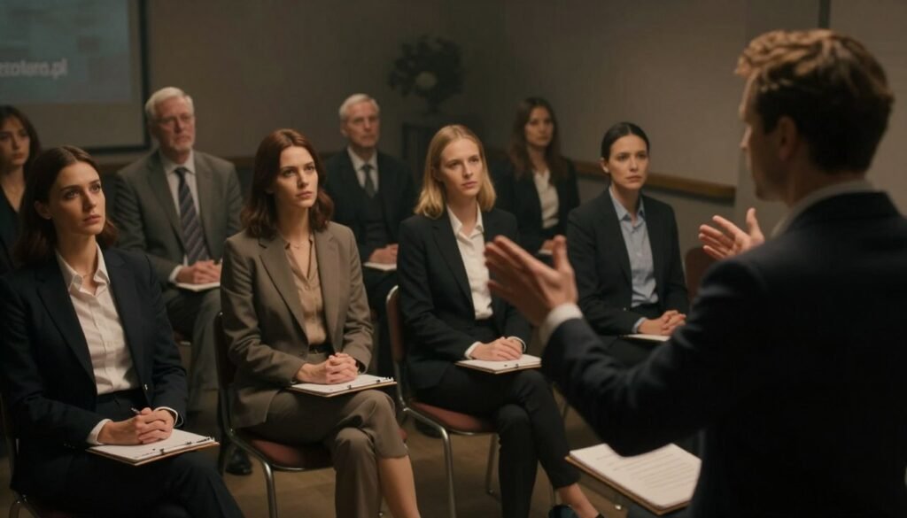 A dimly lit room filled with a group of individuals dressed in professional business attire, their expressions a mix of fascination and zeal. In the foreground, a charismatic leader gestures passionately, surrounded by an aura of warmth and intrigue, embodying the concept of "love bombing." In the middle ground, several participants are seated, engaged and attentive, with notepads and symbols of the cult subtly visible. The background features blurred, abstract representations of isolation—distant walls closing in—a metaphor for the control and confinement often practiced by cults. The lighting is soft yet dramatic, casting shadows that enhance the mysterious atmosphere. The overall mood is both captivating and unsettling, encapsulating the duality of attraction and manipulation. Include the brand name "ezotera.pl" subtly in the background as part of the environment.