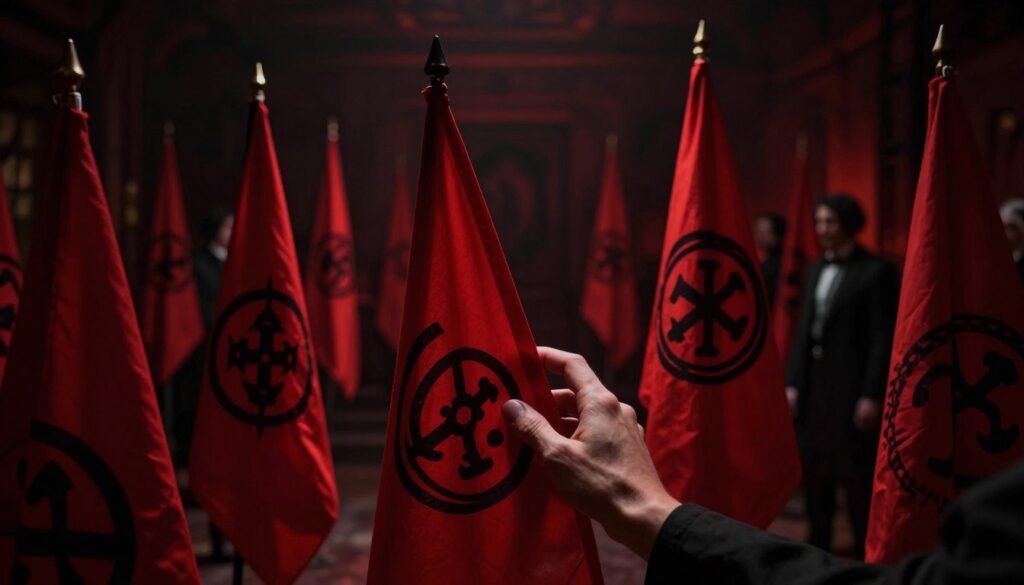 A dimly lit room filled with ominous red flags emerging from the shadows, each one intricately designed with unsettling symbols and patterns. In the foreground, a pair of hands cautiously reaches towards one of the flags, showing hesitation and concern. The middle ground features various flags arranged in a chaotic manner, representing the dangers and warnings of cults. The background is shrouded in darkness, enhancing the feeling of unease, with faint silhouettes of people wearing formal attire, observing from a distance. The lighting is dramatic, highlighting the vivid red of the flags against the darkness, creating a tense and foreboding atmosphere. This image should evoke a sense of warning and raise awareness. Designed for ezotera.pl.