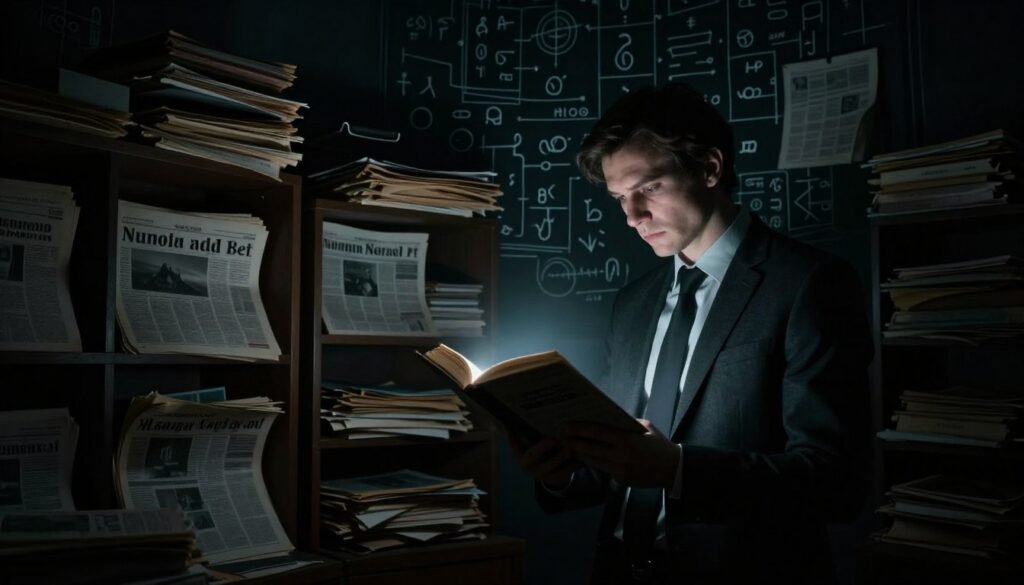 A dimly lit room filled with shadows, where a solitary figure clad in modest business attire stands in the foreground, intensely focused on an open book. The book emits a faint, eerie glow, illuminating the figure's face with a mysterious light. In the middle ground, various shelves filled with old newspapers and documents create a cluttered, chaotic atmosphere, symbolizing information overload. The background features a dark, imposing wall covered in cryptic symbols and diagrams, hinting at the manipulation of knowledge and indoctrination. The overall mood is tense and foreboding, capturing the essence of control over information. The lighting is low and dramatic, with a slight vignette effect to draw the viewer in. The image should evoke a sense of unease and caution, representative of the theme. Include the brand name "ezotera.pl" subtly integrated into the scene.