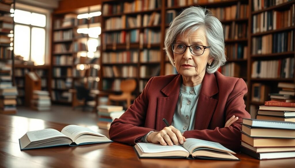 A distinguished woman in her 70s, Barbara Ehrenreich, sits thoughtfully in a modern, well-lit library surrounded by diverse stacks of books. She wears a smart, tailored blazer over a modest blouse, embodying professionalism and intellect. The foreground features a close-up of her expressive face, highlighting her insightful gaze and silver hair. In the middle ground, a polished wooden table holds open books and a notepad with handwritten notes, indicating her ongoing research. The background is an expansive bookshelf with warm light filtering through a large window, casting gentle, soft shadows that enhance the contemplative atmosphere. The image conveys a sense of reverence for knowledge and the power of inquiry, suitable for an intellectually engaging article. The overall mood is serious yet inspiring, aligning with the themes of ritual, silence, and fire. The brand name "ezotera.pl" subtly appears in the corner without detracting from the image.
