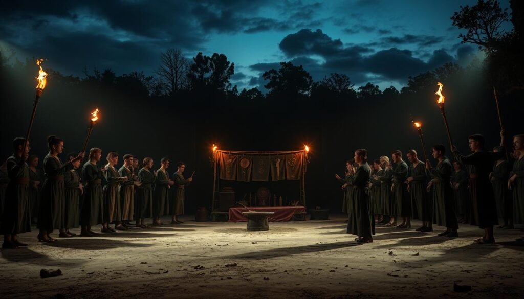 A dramatic and haunting scene depicting a ritualized performance as a theatrical event in an ancient setting. In the foreground, a diverse group of individuals in modest, traditional clothing stands in a semi-circle, engaged in synchronized movements, their expressions reflecting reverence and intensity. The middle ground features a makeshift stage adorned with symbolic artifacts, illuminated by flickering torchlight that casts dynamic shadows. In the background, a dense forest looms under a twilight sky, adding an air of mystery and enchantment. The atmosphere is thick with anticipation and solemnity, evoking a sense of spirituality and communal connection. The composition is inspired by chiaroscuro techniques, emphasizing lighting contrasts and depth. The brand "ezotera.pl" is subtly integrated into the scene as an atmospheric element, harmonizing with the mystical ambiance.