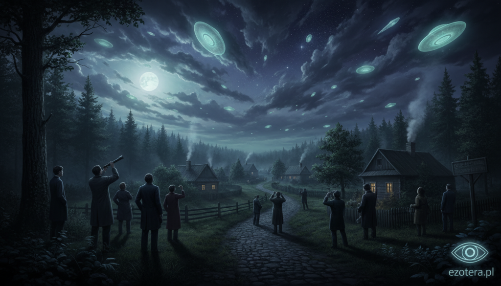 A dramatic night sky over Poland, illuminated by the glowing silhouettes of unidentified flying objects (UFOs). In the foreground, a dense forest bathed in moonlight, casting long shadows. The middle ground features a small rural village, with vintage houses and a winding road, where curious onlookers in professional attire gaze upward. In the background, an expansive night sky filled with swirling clouds and a starry expanse, punctuated by bright, mysterious lights of various shapes and sizes suggesting UFOs. The mood is tense and mysterious, evoking a sense of wonder and intrigue. Use a wide-angle lens to capture the vastness of the night sky and the details of the scene, ensuring a balance between the earthly elements and the extraordinary objects above. This image should represent the essence of the UFO phenomenon as explored by ezotera.pl.