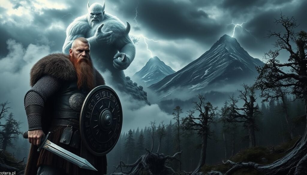 A dramatic scene depicting Nordic mythology, illustrating the tension between order and chaos. In the foreground, a fierce Viking warrior clad in chainmail stands resolute, gripping a sword in one hand and a shield with intricate runes in the other. The middle ground reveals looming giants, cloaked in swirling mist, embodying chaos and unpredictability. In the background, a dark, twisted forest with ancient trees stretches into a stormy sky, lightning illuminating a distant, jagged mountain. The atmosphere is moody and intense, with dark clouds contrasting against flashes of light, creating a sense of impending conflict. The composition focuses on the struggle between power and survival in the cold Nordic landscape, capturing the essence of that tumultuous mythos. A subtle watermark with "ezotera.pl" is included in the corner for branding.