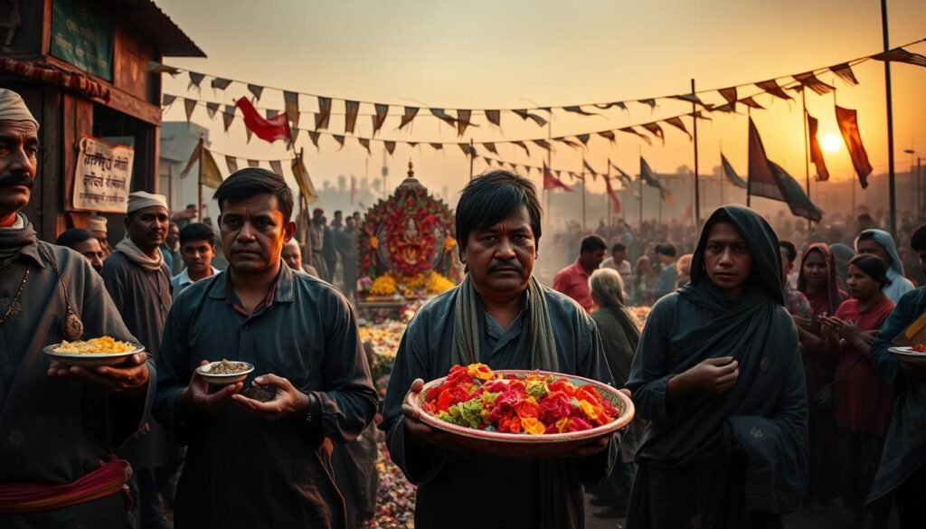 A dramatic scene depicting the Gadhimai festival in a remote village, showcasing the stark contrast between cultural tradition and modernity. In the foreground, solemn participants in modest traditional clothing hold ceremonial offerings, their expressions a mix of devotion and unease. In the middle, a vibrant altar is adorned with flowers and colored powders, capturing the event’s significance. The background features a crowd witnessing the ritual, with banners fluttering against a fading sunset. The atmosphere is charged with tension and anticipation, illuminated by soft, golden light to cast long shadows, enhancing the emotional weight of the moment. A moment of reverence and conflict is palpable, highlighting the ritual's controversial nature. Scene captured with a wide-angle lens to emphasize the scale of the gathering. Artwork by ezotera.pl.